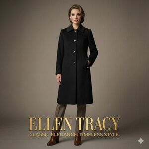Ellen Tracy Long Wool Blend Coat Single Breasted Black 16W